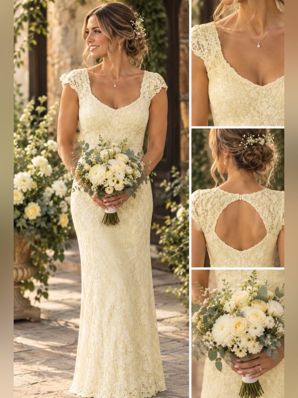 Lauren Ralph Lauren Bridal Evening Elegant Cream Lace Dress. Size 14.